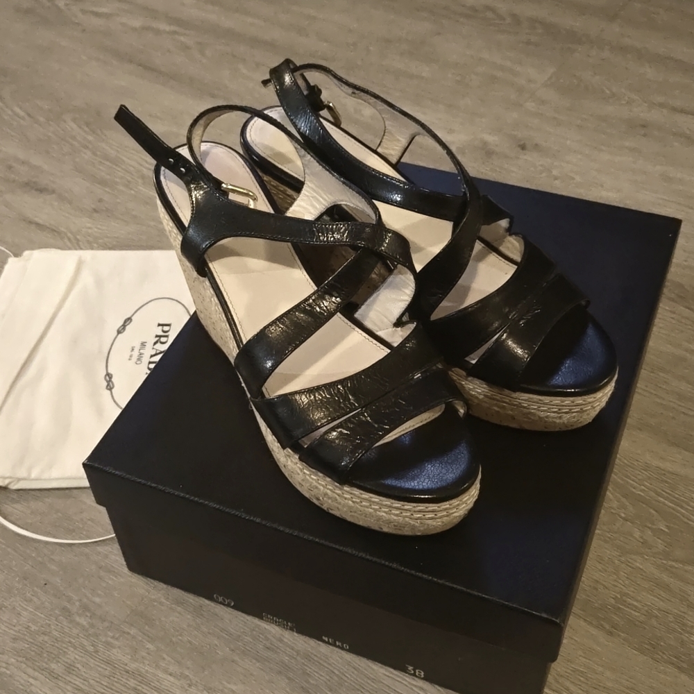 Prada Nero Espadrille Strappy Heels, Size 8, Black Hemp and Cork, Natural Base